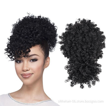 High Quality Black Short Drawstring Ponytail Puff Hair Pieces Afro Kinky Curly Chignon With Bangs Synthetic Hair Bun Extensions
